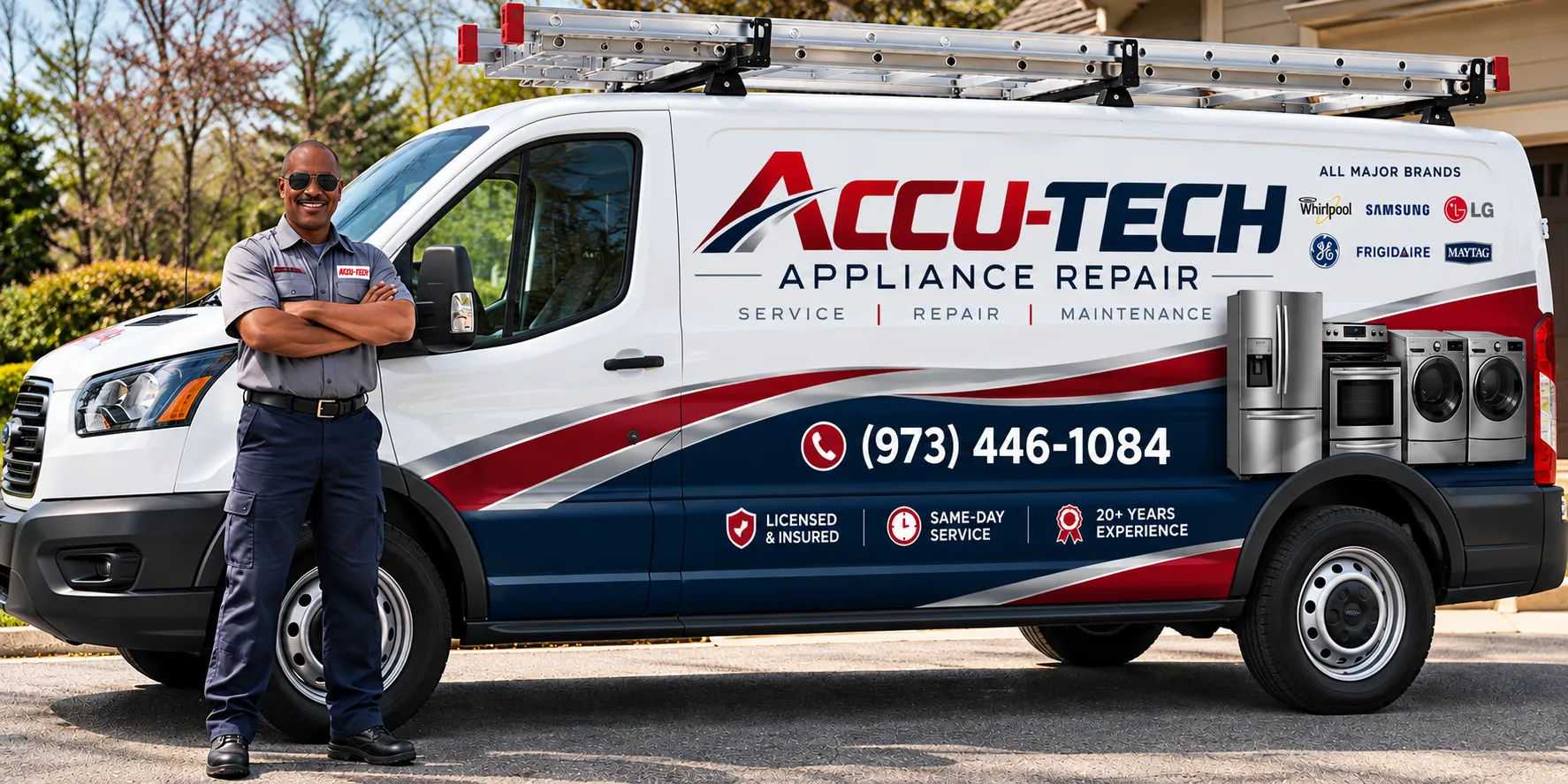 Accu-Tech Appliance Repair service van with a technician standing beside it